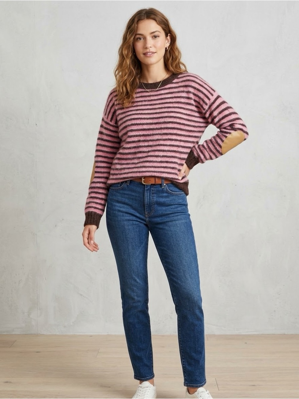 J. Crew Pink and Brown Striped Crewneck Sweater with Tan Elbow Patches